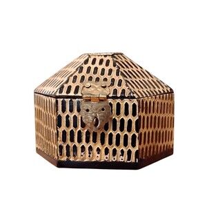 Vintage Carved Hexagon Wood Trinket Box jewelry box Brass clasp India